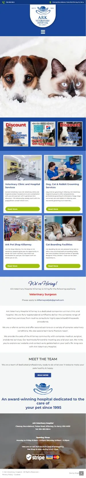 The ARK Veterinary Hospital website on a phone