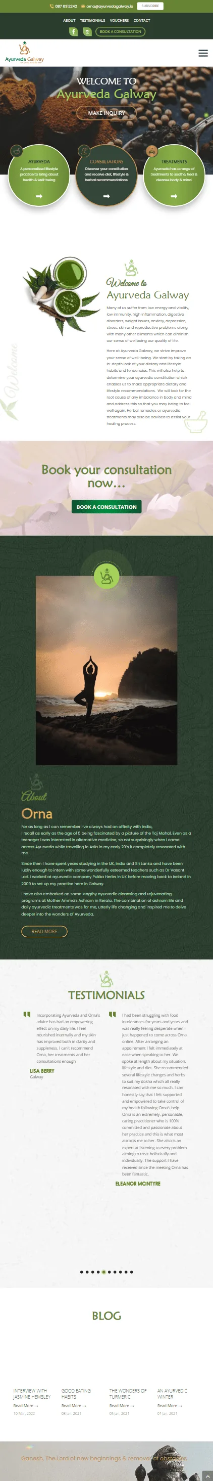 The Ayurveda Galway website on a phone
