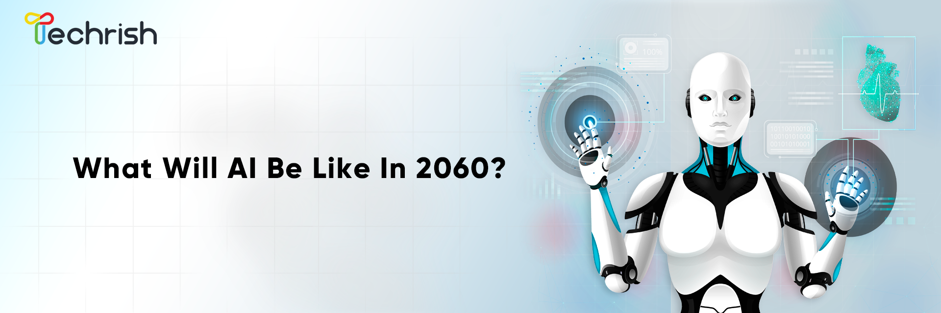 What Will AI Be Like In 2060?: a laptop showing rising performance charts beside a target and a megaphone