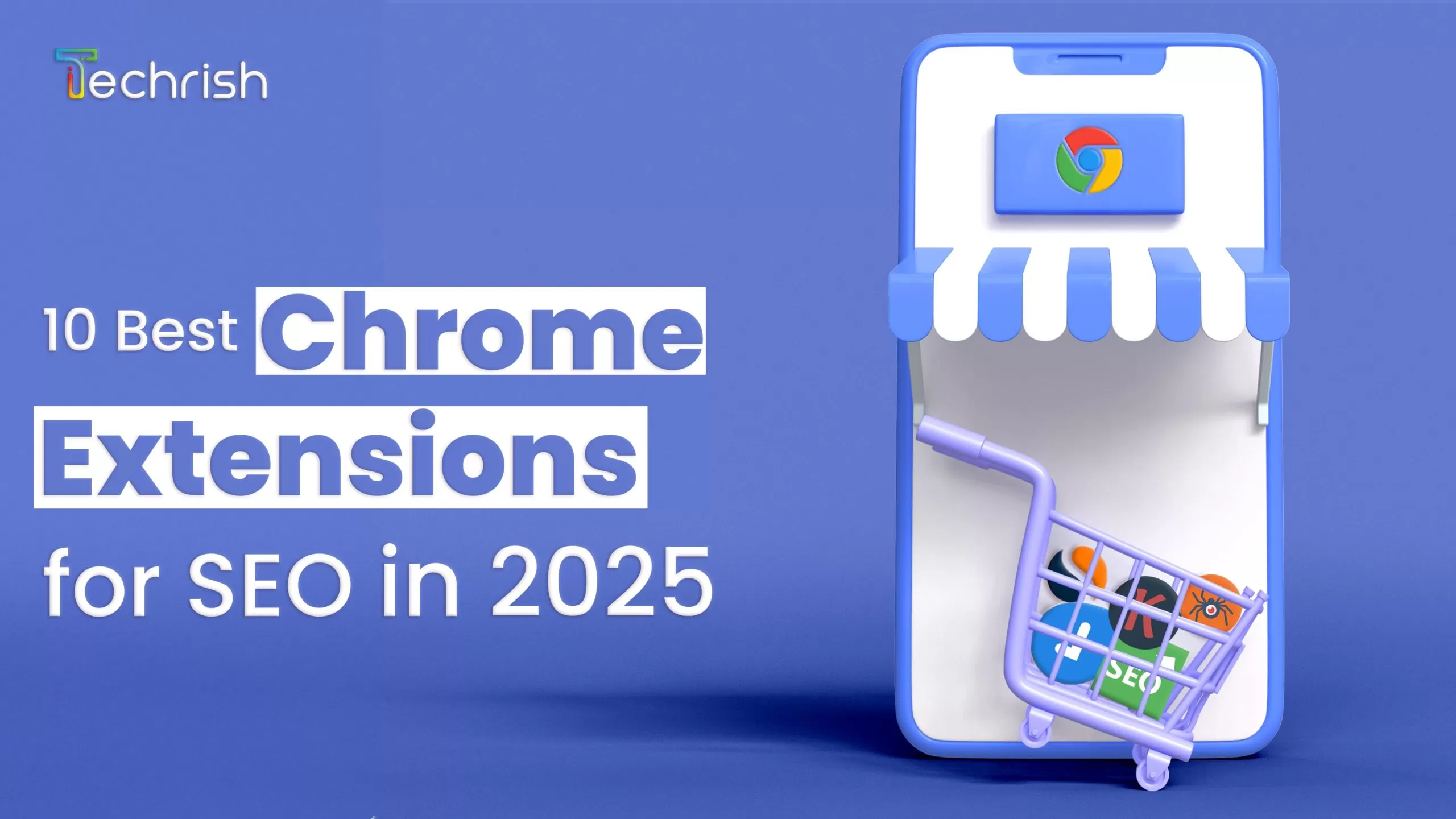 10 Best Chrome Extensions for SEO in 2025: a laptop showing rising performance charts beside a target and a megaphone