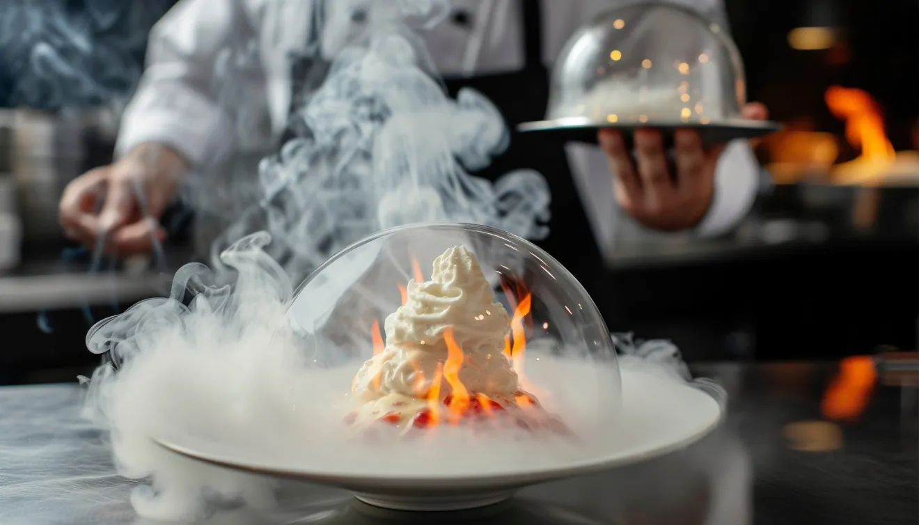 A chef presenting a dessert under a glass dome