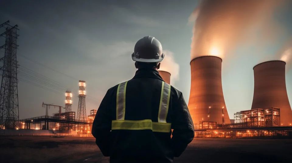 An engineer in a hard hat looking over an industrial plant at dusk