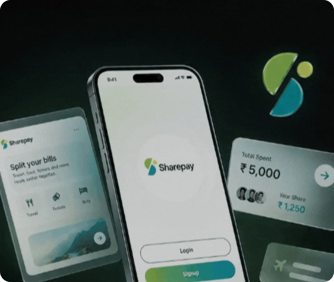 Sharepay app screens: splitting a bill, the login screen and a shared total